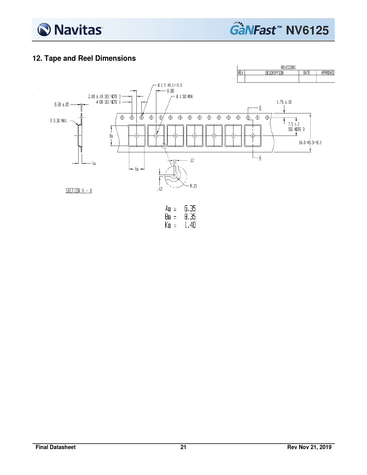 NV6125. 12. Tape and Reel Dimensions. Final Datasheet. Rev Nov 21, 2019