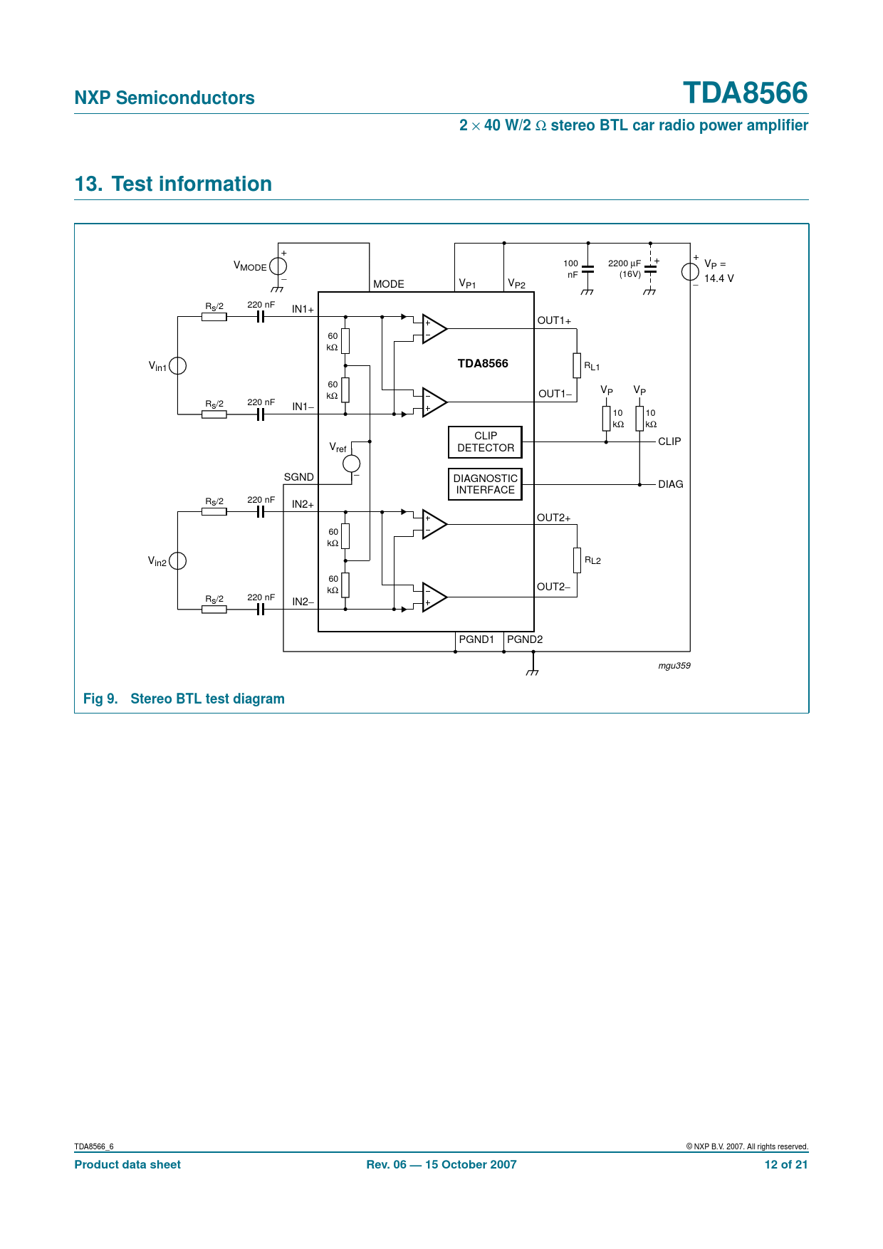 NXP Semiconductors TDA8566 40 W/2 stereo BTL car radio power amplifier 13 Test information Fig 9 Stereo BTL test diagram