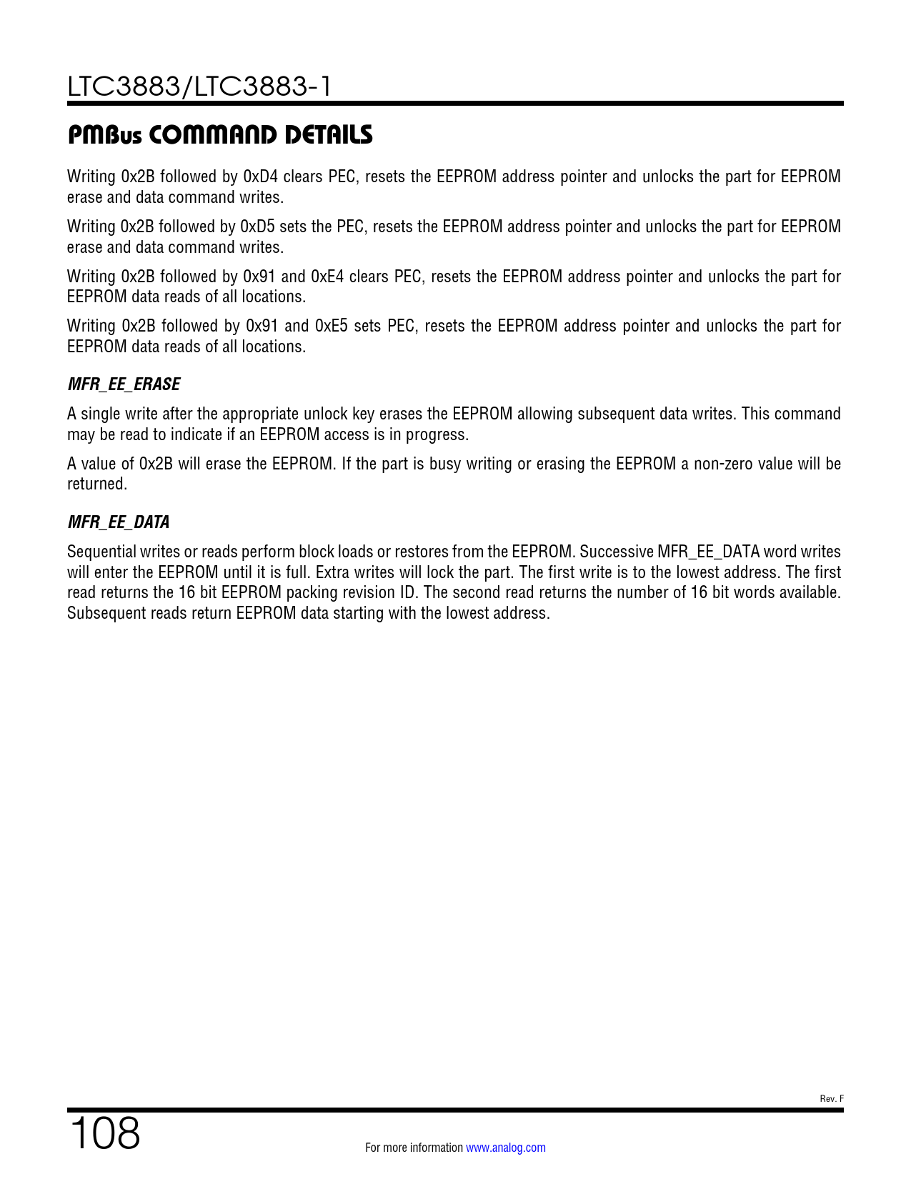 PMBus COMMAND DETAILS. MFR_EE_ERASE. MFR_EE_DATA Datasheet LTC3883