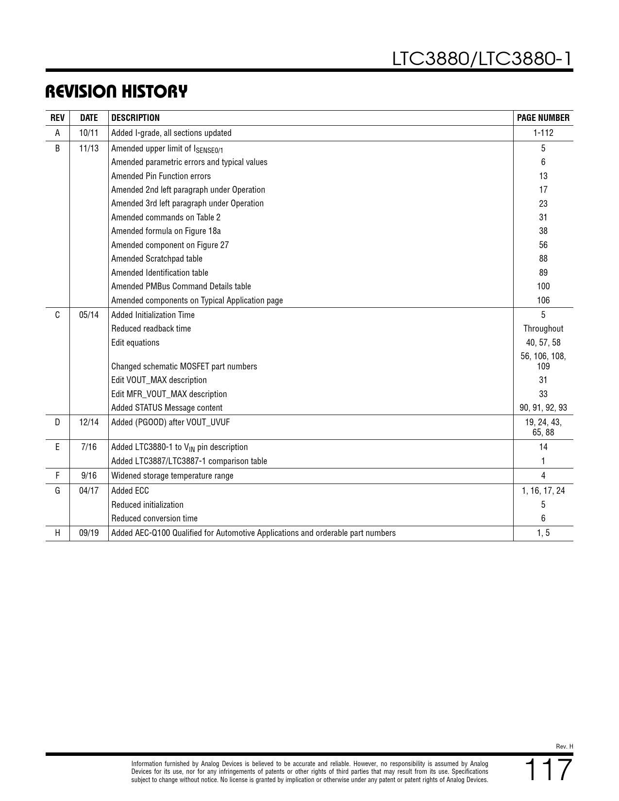 REVISION HISTORY. REV. DATE. DESCRIPTION. PAGE NUMBER Datasheet LTC3880, LTC38801 Analog
