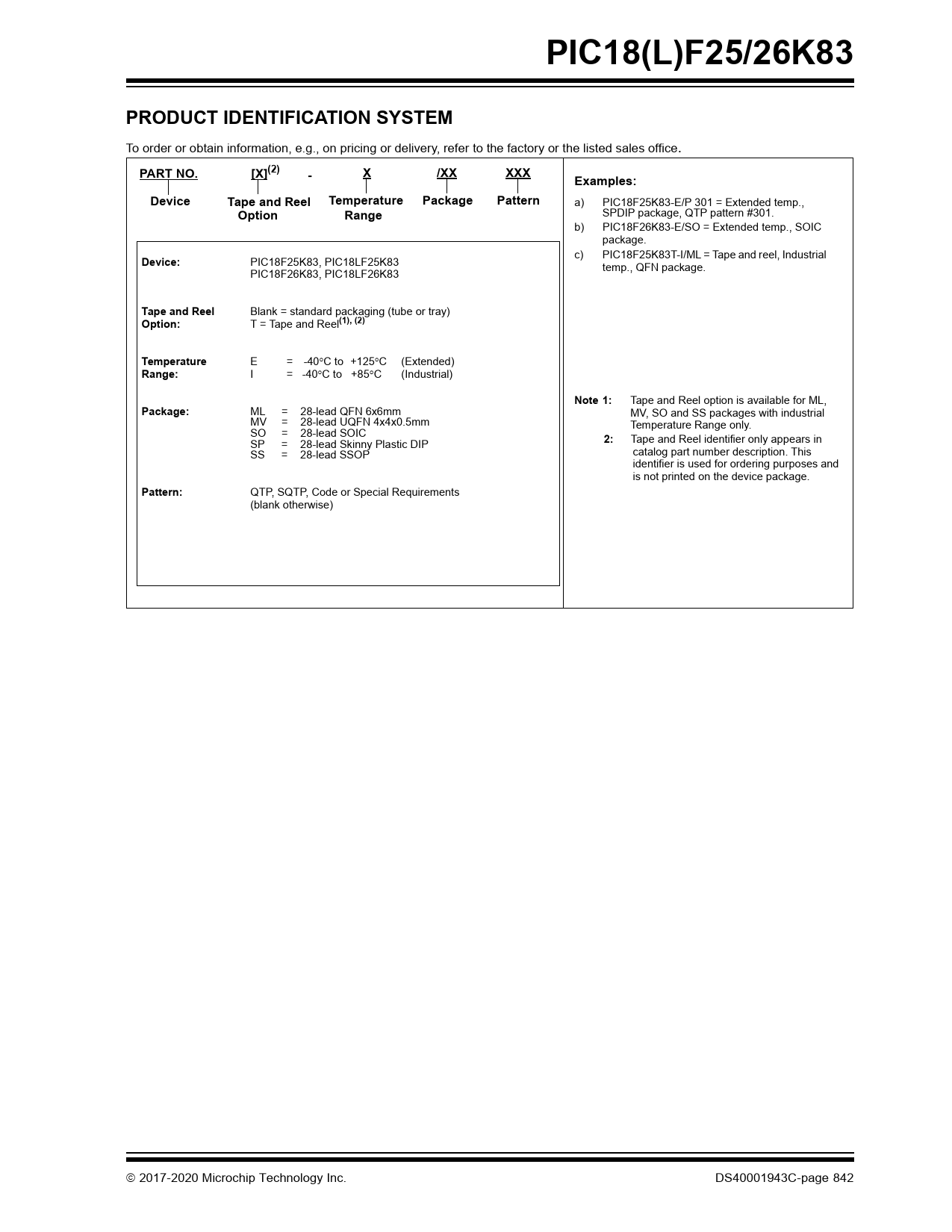 PIC18(L)F25/26K83. PRODUCT IDENTIFICATION SYSTEM. PART NO. [X](2). /XX ...