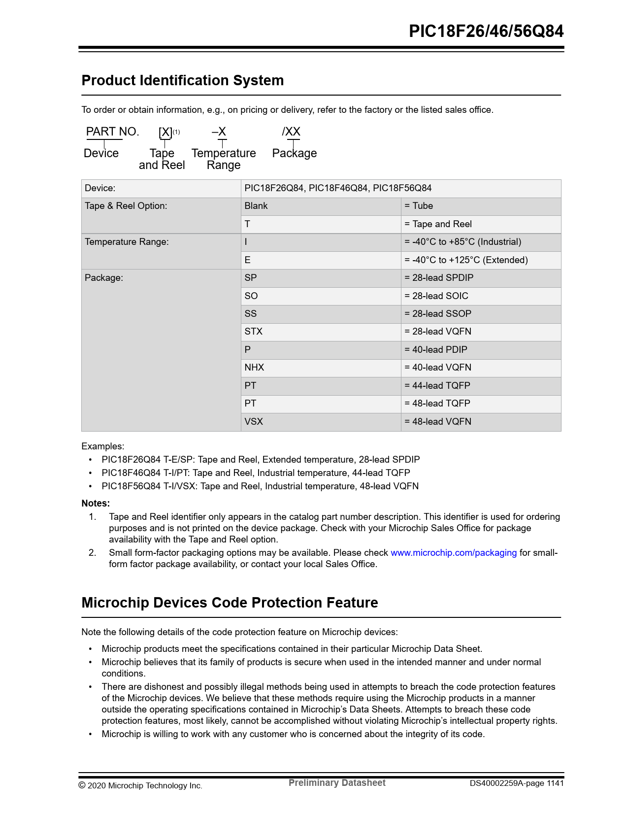 PIC18F26/46/56Q84 Product Identification System Notes: Microchip Devices Code Protection Feature Preliminary Datasheet
