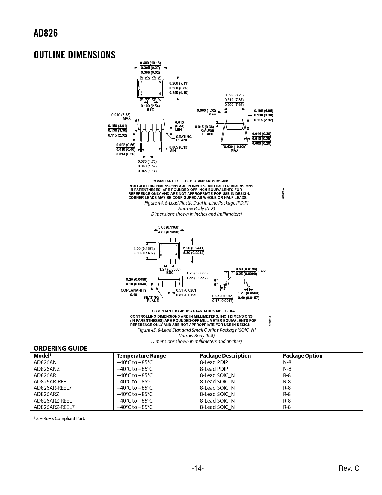 AD826. OUTLINE DIMENSIONS. 0.400 (10.16). 0.365 (9.27) 0.355 (9.02). 0. ...