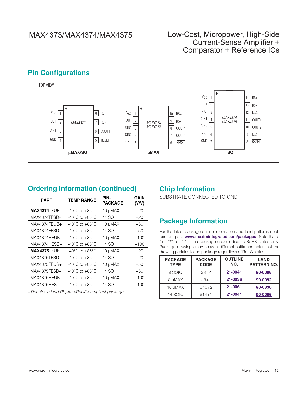 Pin Configurations MAX/SO MAX Ordering Information (continued) Chip Information PIN- GAIN PART TEMP RANGE PACKAGE (V/V) MAX4374