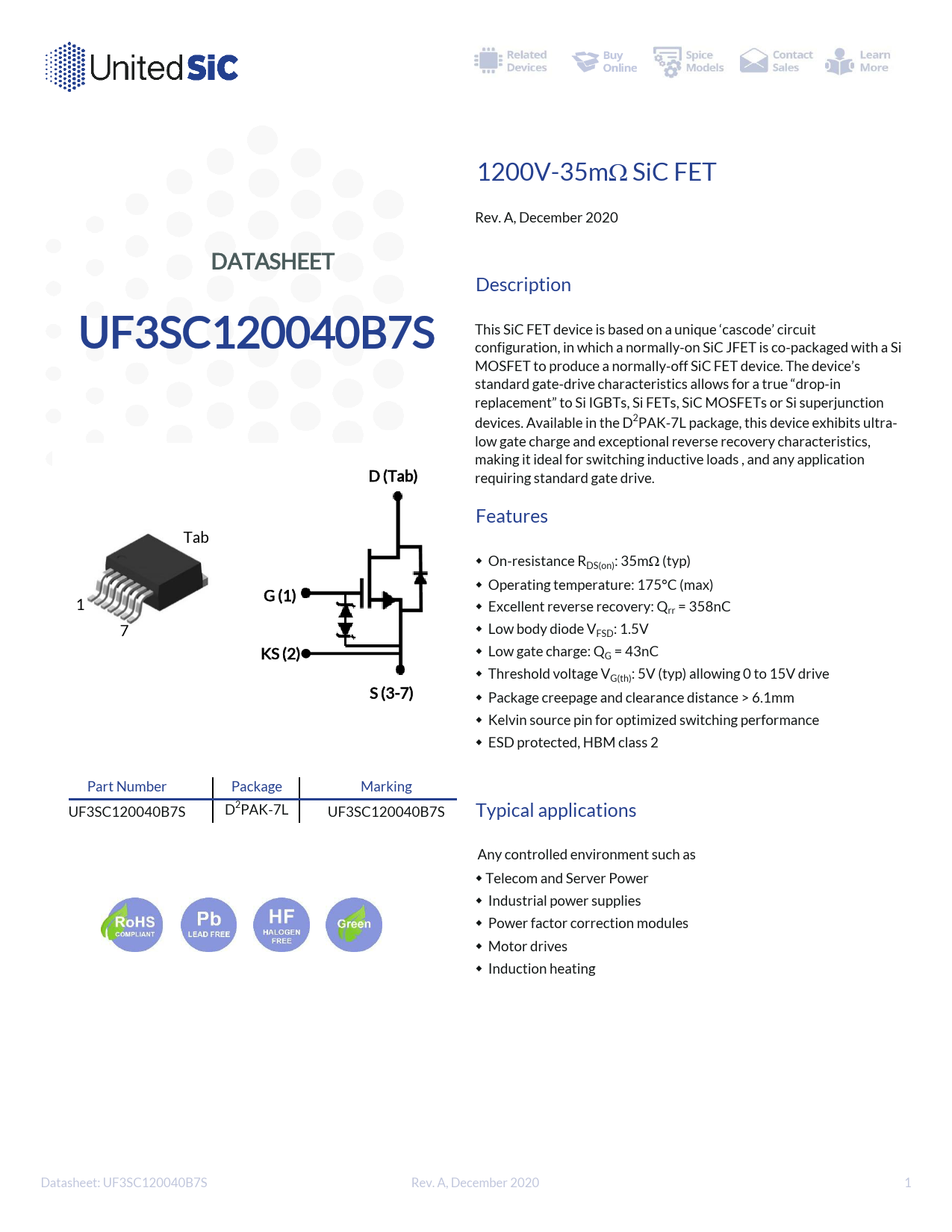 Datasheet UF3SC120040B7S UnitedSiC