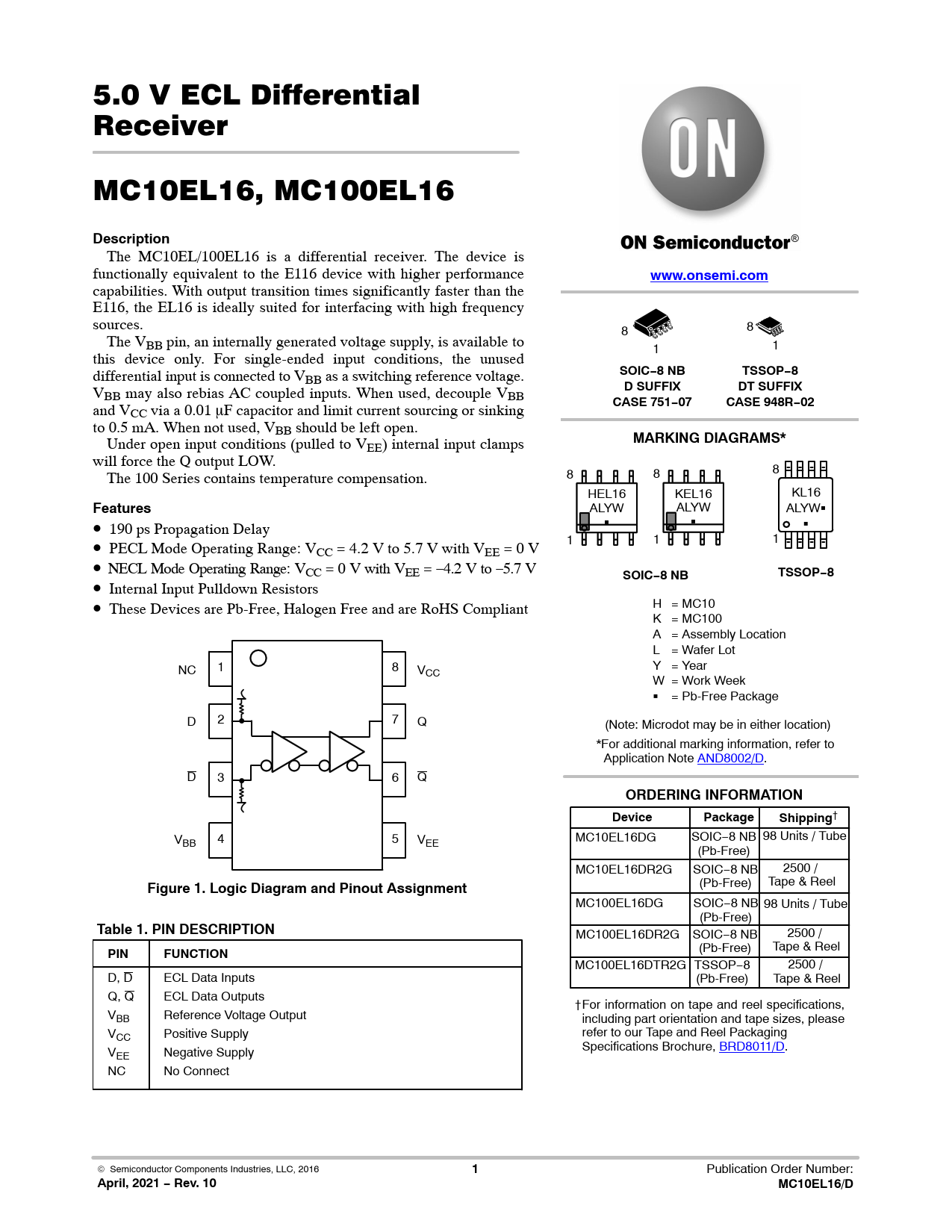 Datasheet MC10EL16, MC100EL16 ON Semiconductor, 修订版: 10