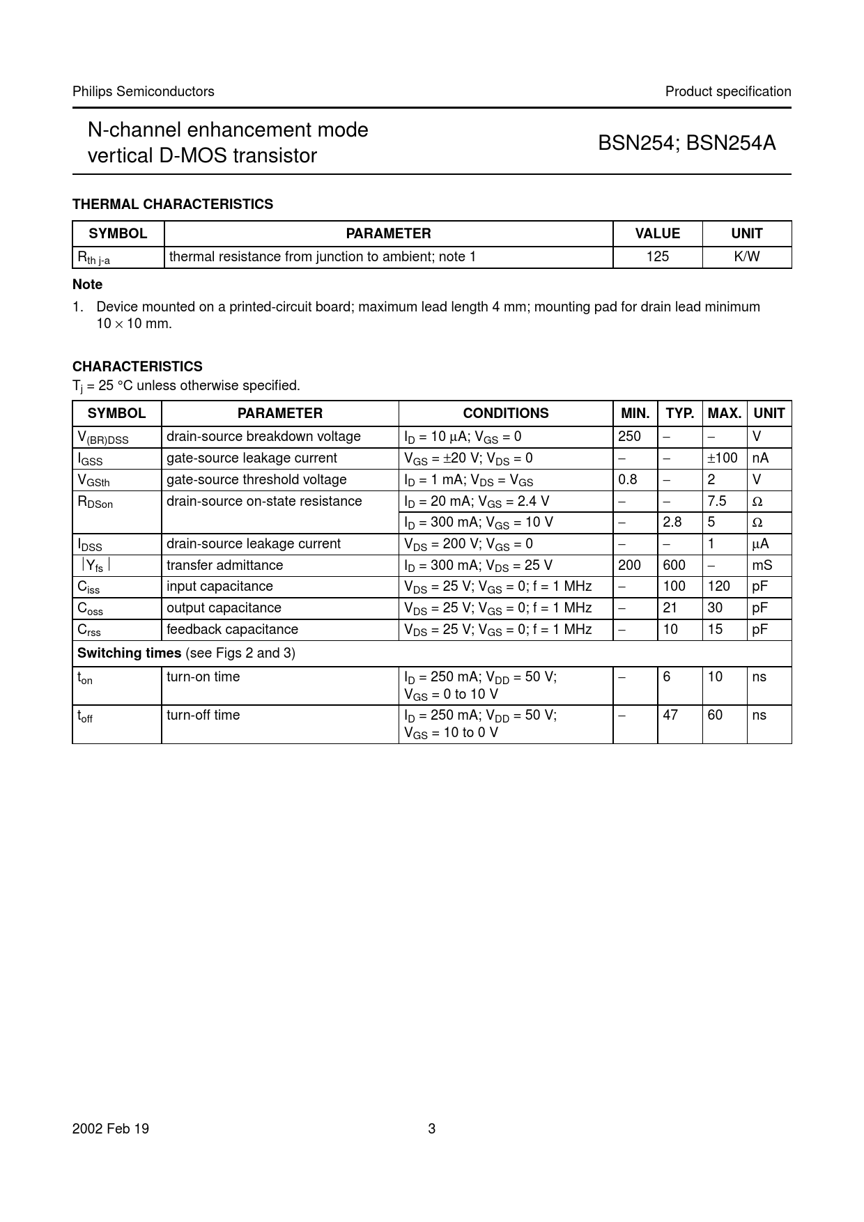 THERMAL CHARACTERISTICS SYMBOL PARAMETER VALUE UNIT Note CHARACTERISTICS CONDITIONS MIN TYP MAX UNIT Switching times