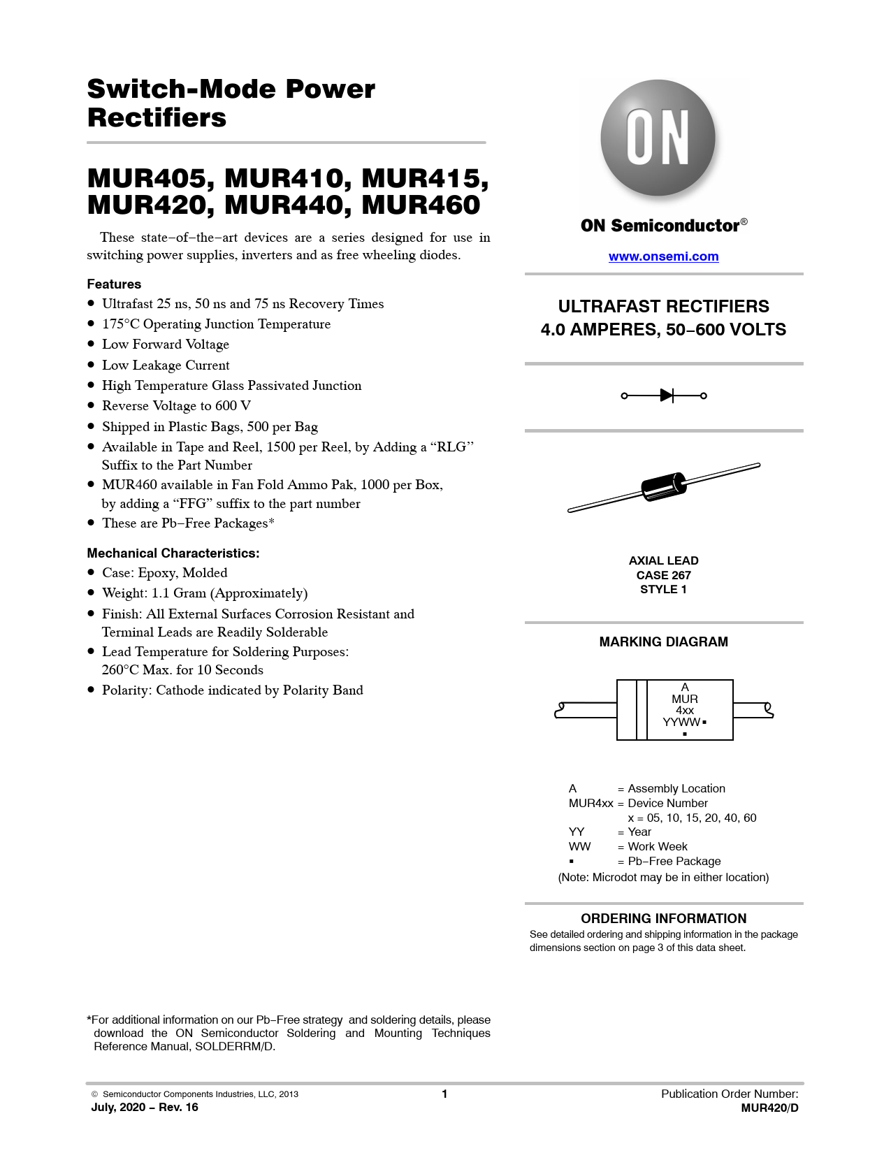 Datasheet MUR405, MUR410, MUR415, MUR420, MUR440, MUR460 ON Semiconductor, Версия: 16