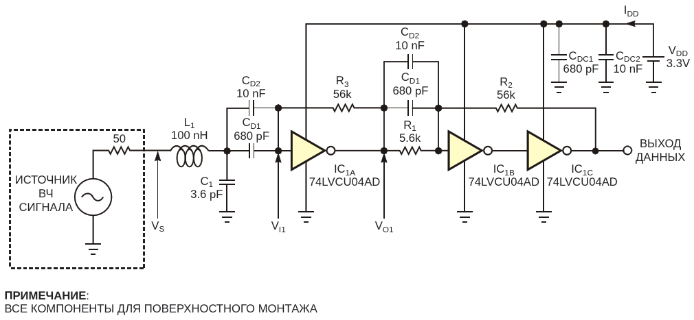 Три быстродействующих КМОП инвертора и несколько пассивных компонентов образуют преобразователь радиочастотных сигналов в цифровые логические уровни