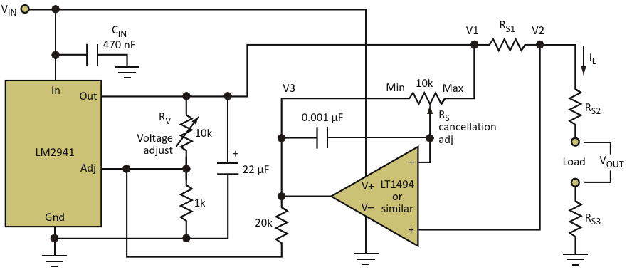 This variation of the circuit provides negative feedback for regulators that use a ground-referred reference voltage, like the LM2941
