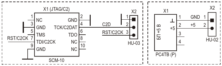 Схема подключения к плате кабелей: a - от USB DEBUG ADAPTER'a, б - от БП