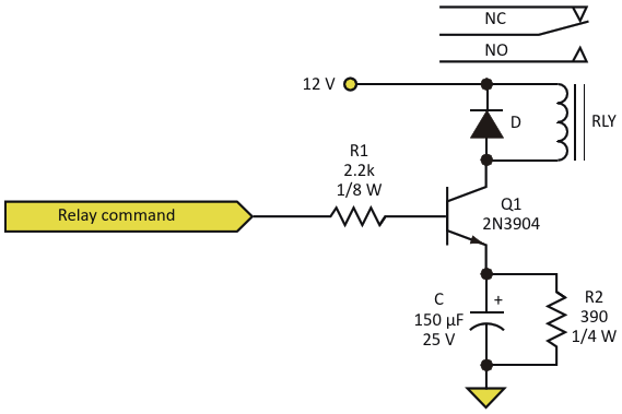 An RC circuit in series with the coil allows full-current turn-on for reliable relay operation, then reduces the current to save power