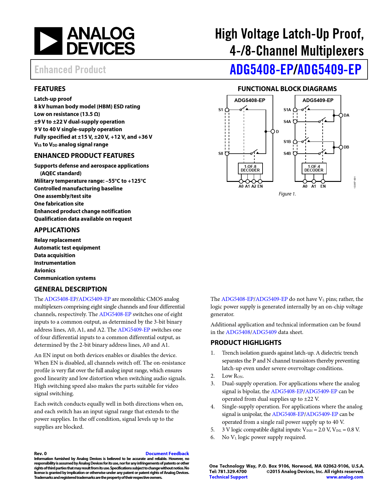 Datasheet ADG5408-EP, ADG5409-EP Analog Devices