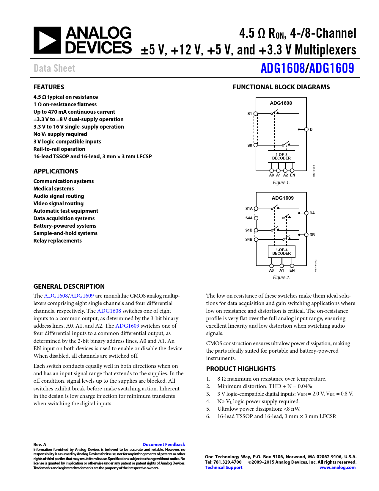 Datasheet ADG1608, ADG1609 Analog Devices, Версия: A