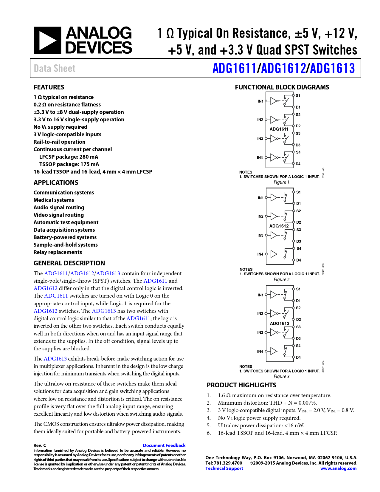 Datasheet ADG1611, ADG1612, ADG1613 Analog Devices, Revision: C