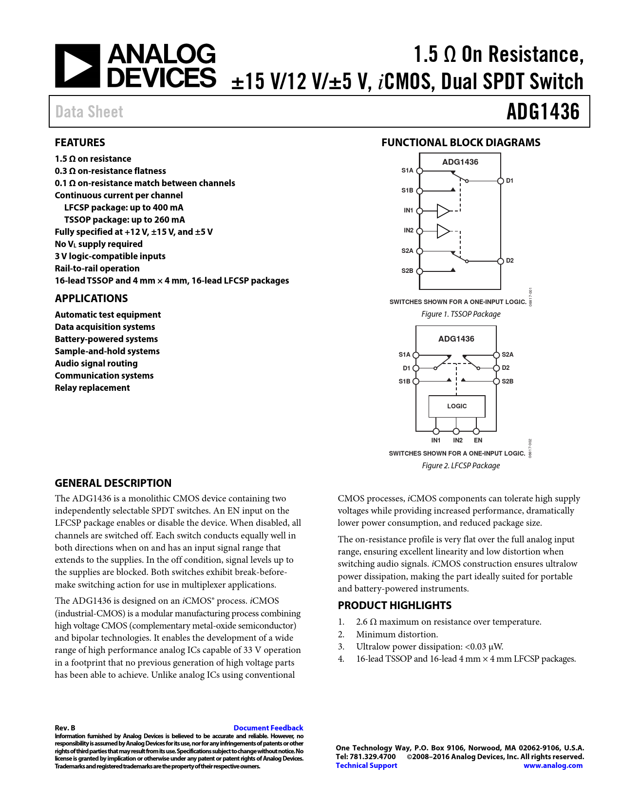 Datasheet ADG1436 Analog Devices, Версия: B