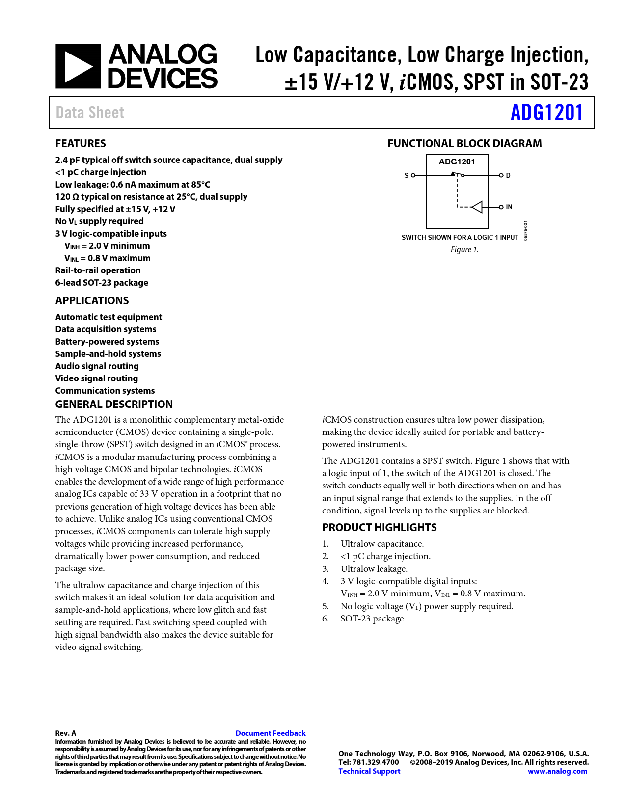 Datasheet ADG1201 Analog Devices, Версия: A