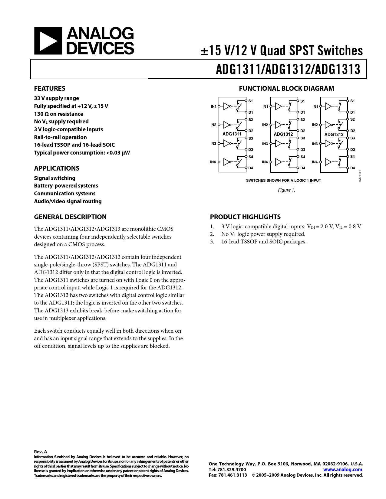 Datasheet ADG1311, ADG1312, ADG1313 Analog Devices, Revision: A