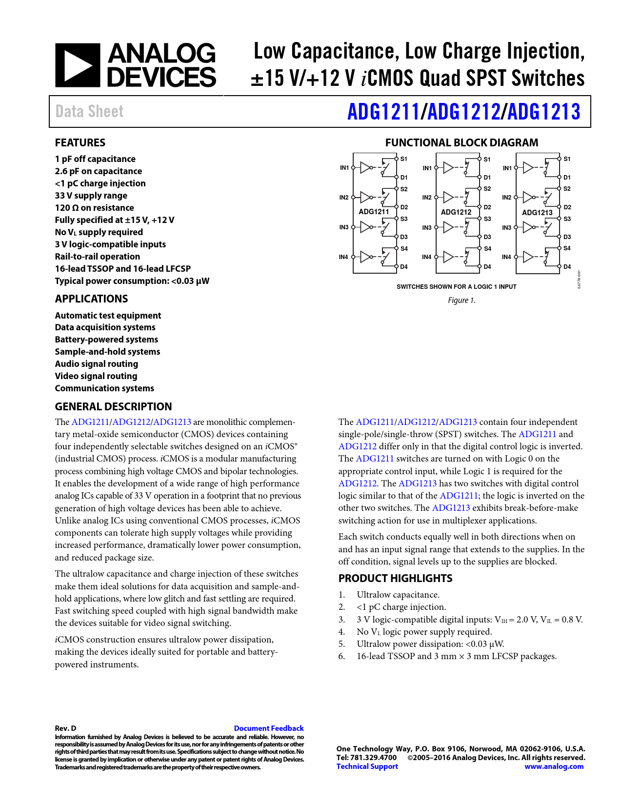 Datasheet ADG1211, ADG1212, ADG1213 Analog Devices, Версия: D