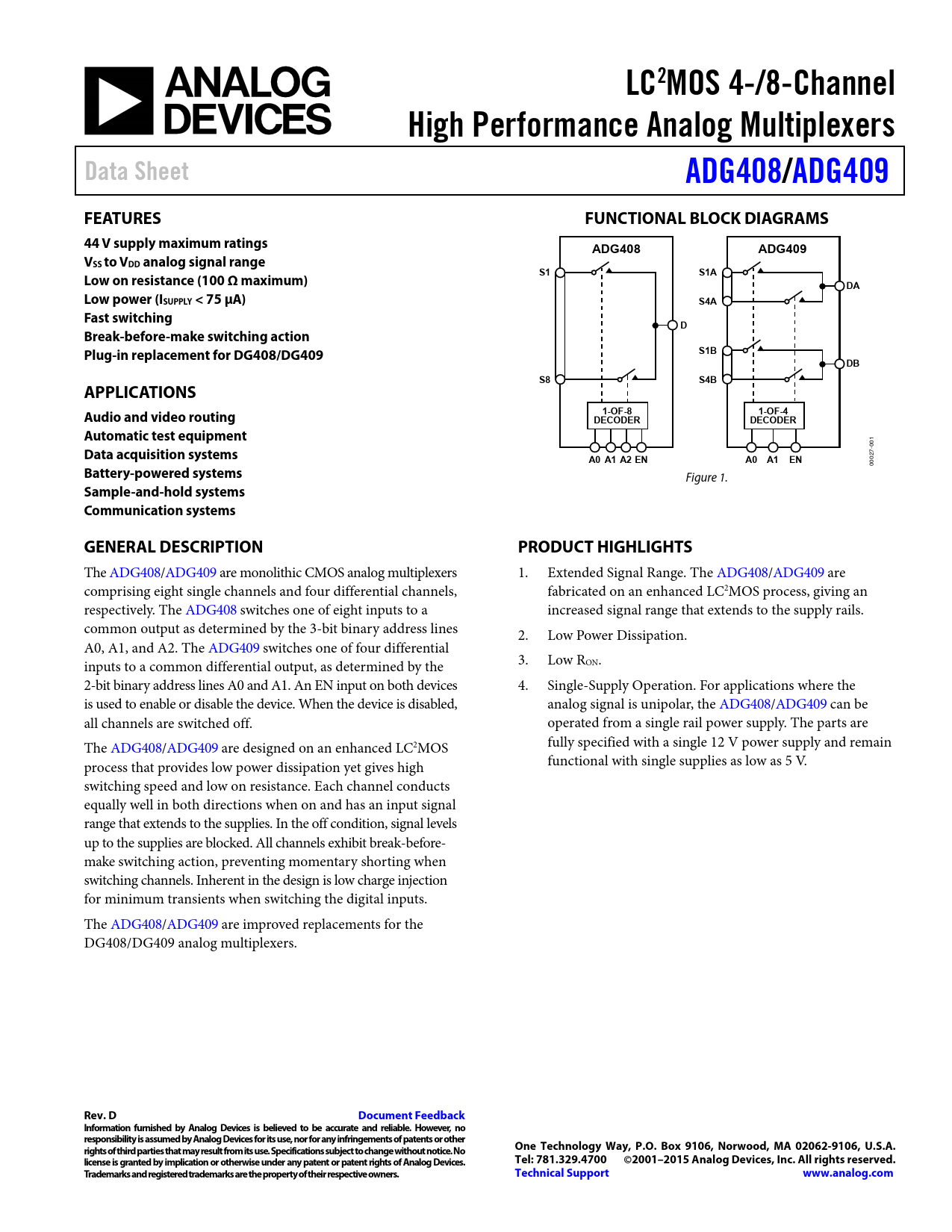 Datasheet ADG408, ADG409 Analog Devices, Revision: D