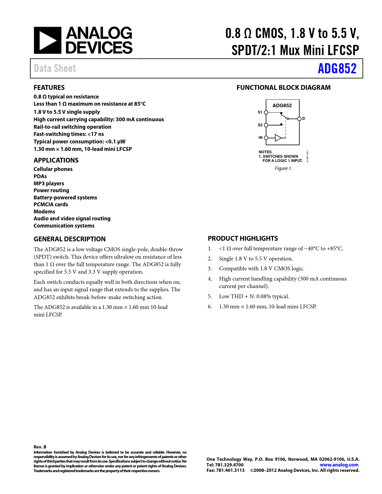 Datasheet ADG852 Analog Devices, 修订版: B