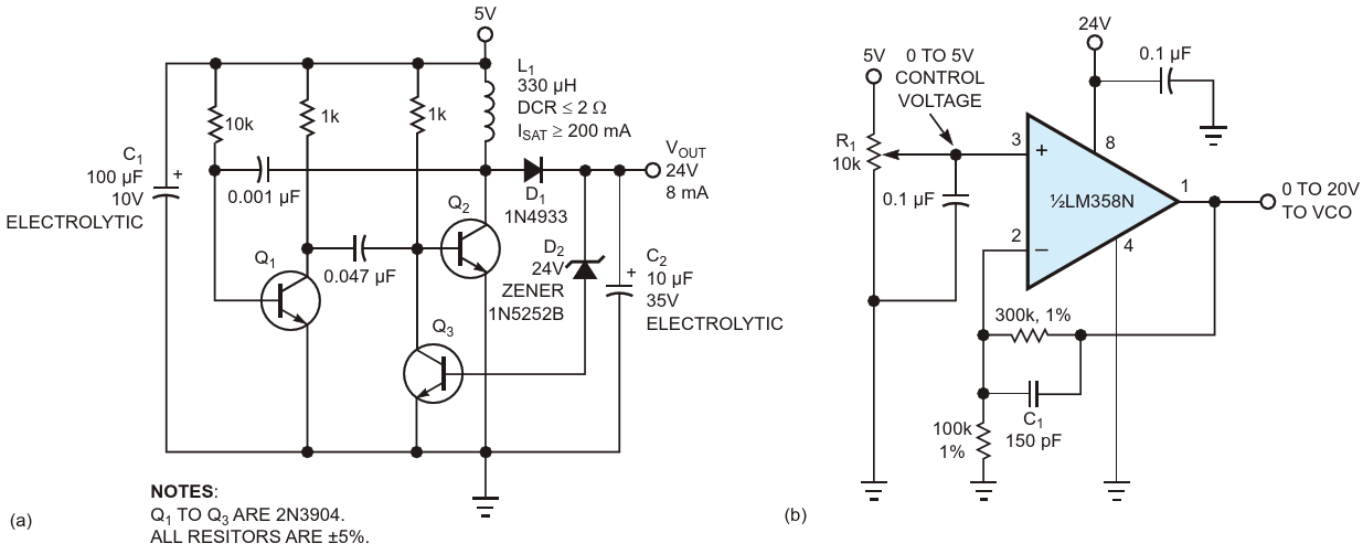 A simple three-transistor switching regulator (a) supplies 24 V and 8 mA The circuit can help provide a 0 to 20 V VCO tuning voltage from a 0 to 5V control voltage (b)