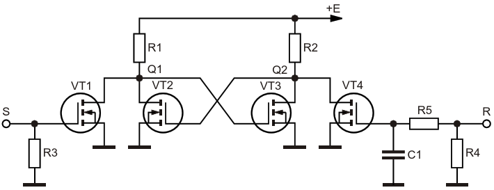 RS-триггер на транзисторах с RC-элементом задержки по входу R