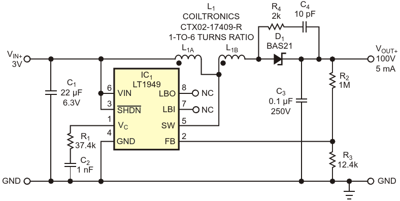Using a tapped inductor extends a boost-topology switching regulator's practical output-voltage range