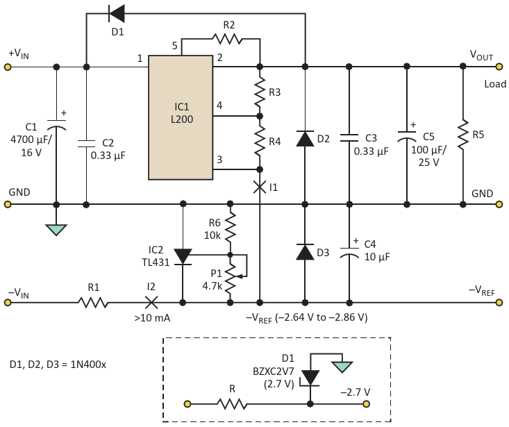 For adjustable regulators such as the L200, a shunt regulator acts as an active voltage reducer while a potentiometer allows careful adjustment to the desired voltage value