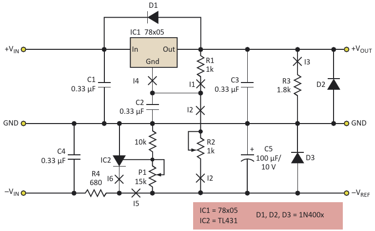 A similar approach works with the 78xx family, but requires a change in the details of the circuit topology