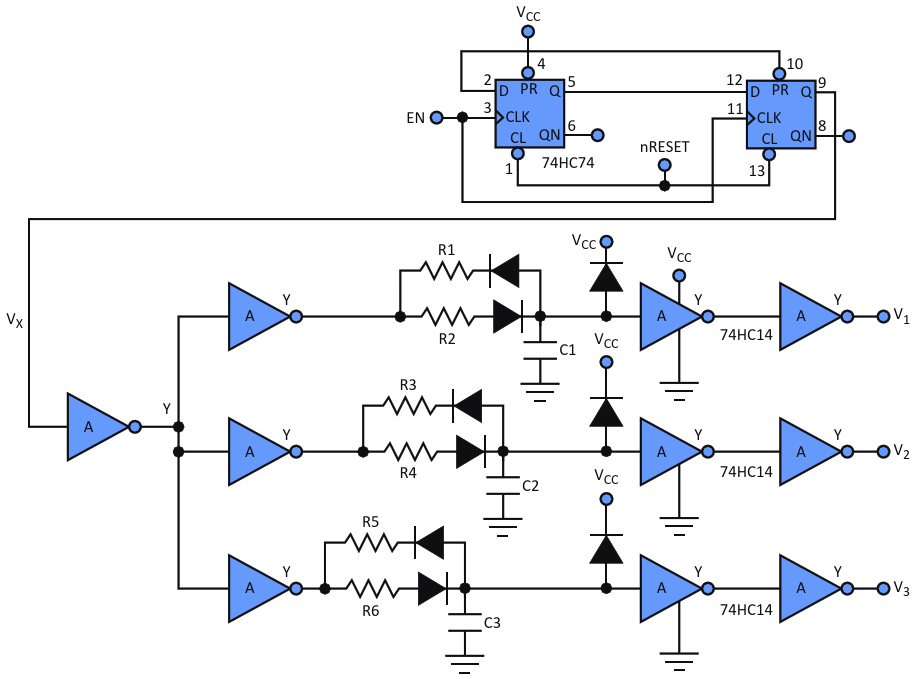 This circuit sequences three different delays to bias voltages V sub 1 /sub , V sub 2 /sub , and V sub 3 /sub  so that an LCD can be powered up and powered down properly