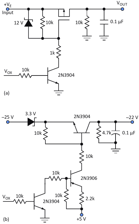 V sub 1 /sub  controls V sub CC  /sub to the LCD through the positive voltage switch (a), while V sub 3 /sub  controls the -22-V bias through the negative control switch (b)