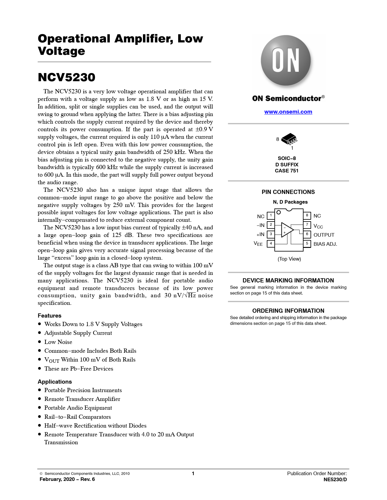 Datasheet NCV5230 ON Semiconductor, Revision: 6