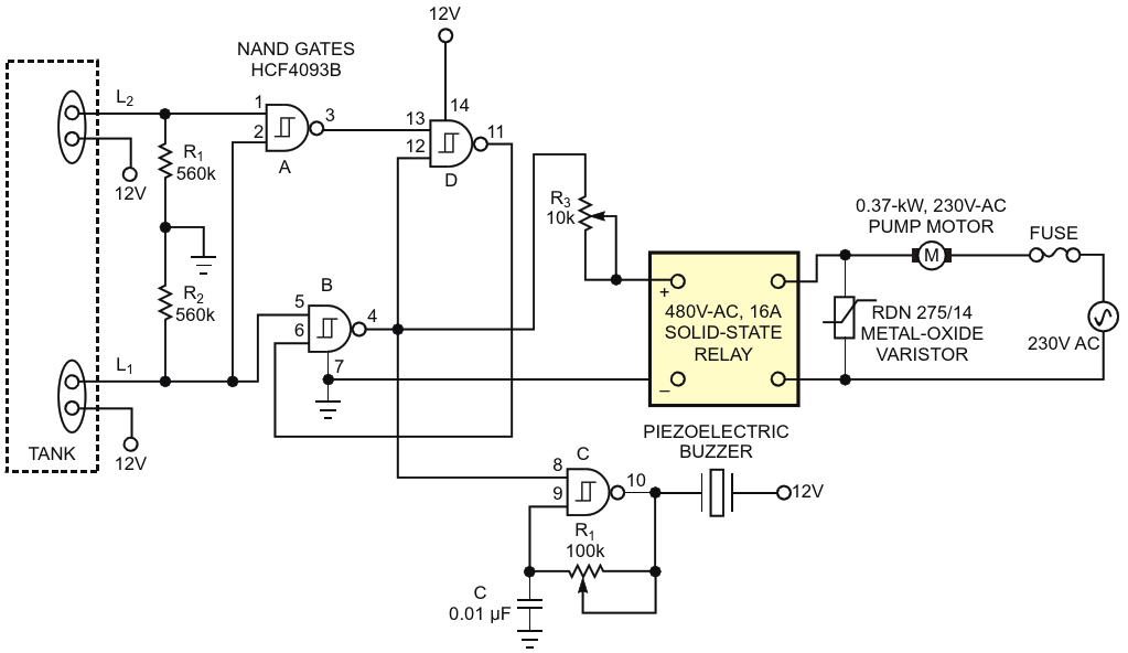 Connecting the potentiometer to NAND Gate B creates a water-level controller