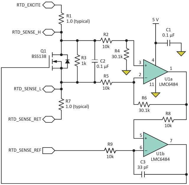 In the RTD emulator, Q1 (an N-channel logic-level enhancement-mode FET) is the active component that provides the controllable voltage to emulate the RTD