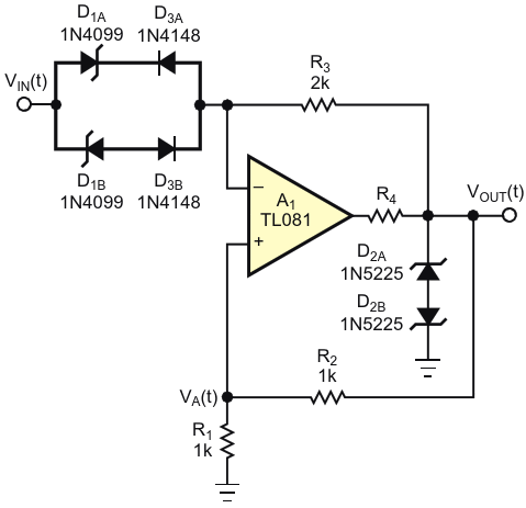 This circuit achieves dual hysteresis using only one op amp