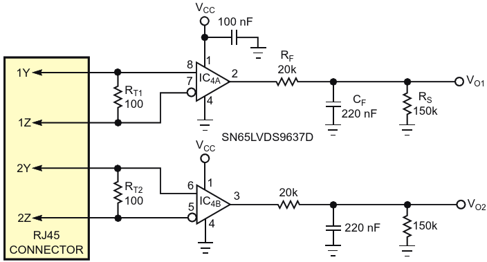 At the terminal, IC sub 4 /sub  converts the signals it receives from the interface to LVTTL levels and then feeds them to a set of passive filters