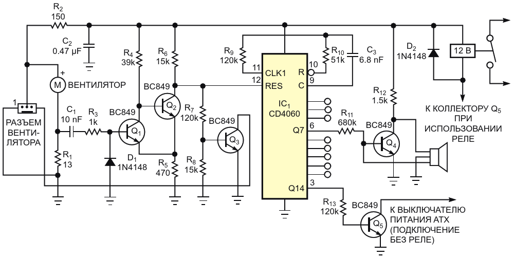 Эта схема обеспечивает дополнительный звуковой сигнал по истечении тайм-аута, когда бесщеточный двигатель вентилятора постоянного тока снижает скорость вращения Затем, после второго тайм-аута, схема выключает ПК