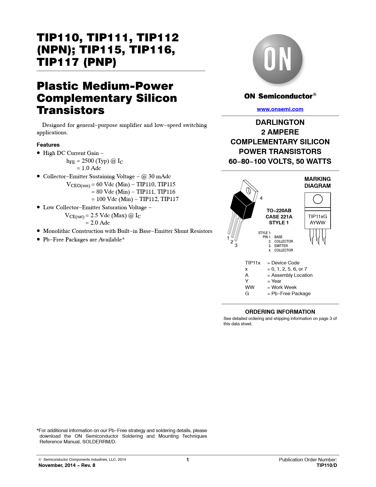 Datasheet TIP110, TIP111, TIP112 (NPN); TIP115, TIP116, TIP117 (PNP) ON Semiconductor
