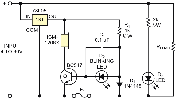 When fuse F sub 1 /sub  blows, the transistor biases on, sounding the buzzer and powering D sub 2 /sub 
