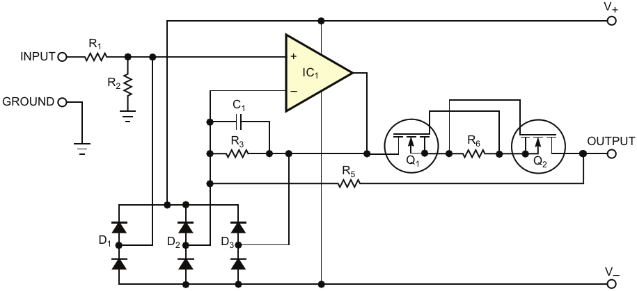 This circuit works as a bipolar-current source when the voltage drop across source resistor R sub 6 /sub  becomes larger than the gate-threshold voltage of depletion-mode MOSFETs Q sub 1 /sub  and Q sub 2 /sub , thus limiting the current through clamping