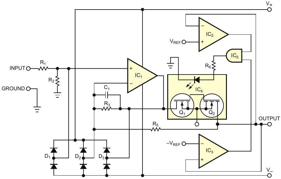 This series-protection circuit disconnects the amplifier-output terminal using a series-connected, high-voltage SSR