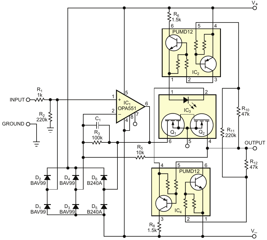 This circuit requires only a couple of external components to use an SSR for output-overvoltage protection