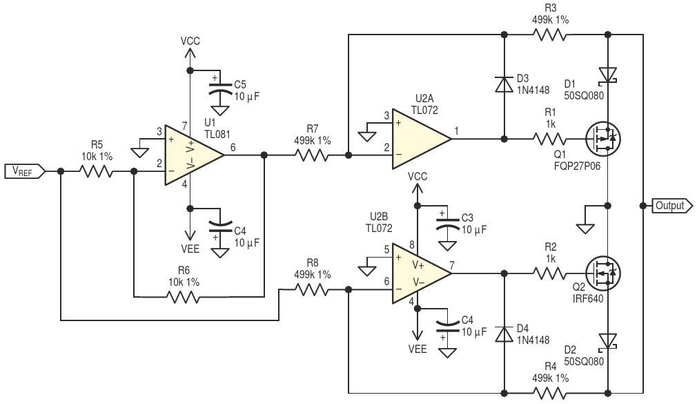 Schematic symmetrical shunt voltage limiter with the final op-amps operated in inverting mode