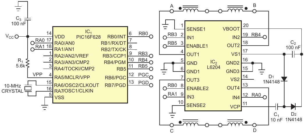 The circuit comprises a full-bridge driver and a microcontroller