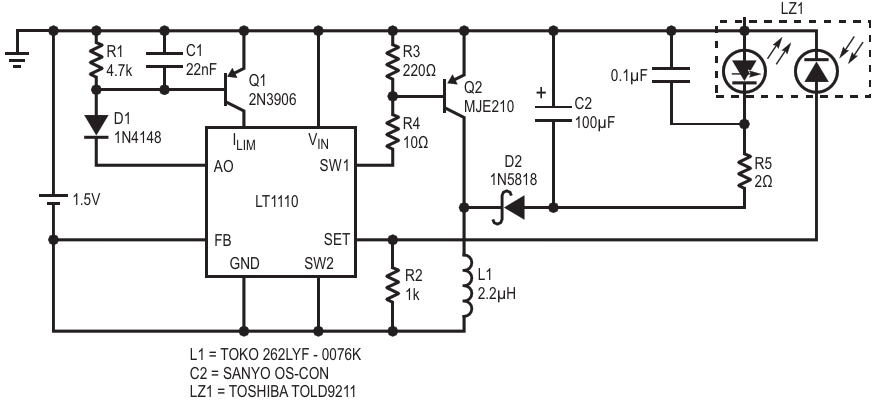 LT1110 Laser diode driver operating from a single cell