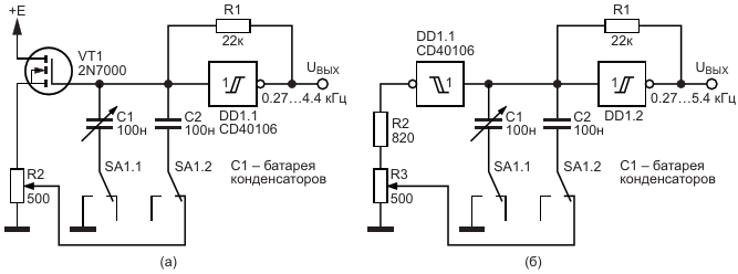Лабораторные генераторы импульсов для регулировки эквивалентной емкости частотозадающего конденсатора с использованием: (а) повторителя напряжения и (б) элемента «НЕ»