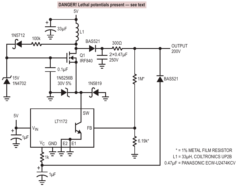 5 V to 200 V output converter for APD bias Cascoded Q1 switches high voltage, allowing low voltage regulator to control output Diode clamps protect regulator from transient events; 100k path bootstraps Q1's gate drive from L1's flyback events Output co