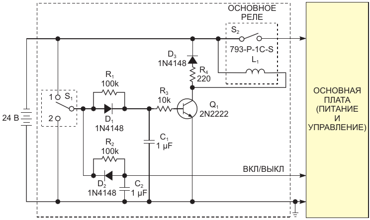 Для отключения батарейного питания в этой схеме использует реле .