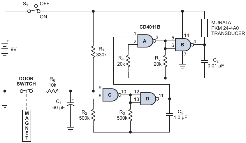 If the door and its switch are open, the low-frequency oscillator (C and D) pulses the transducer's 3-kHz driver ON and OFF